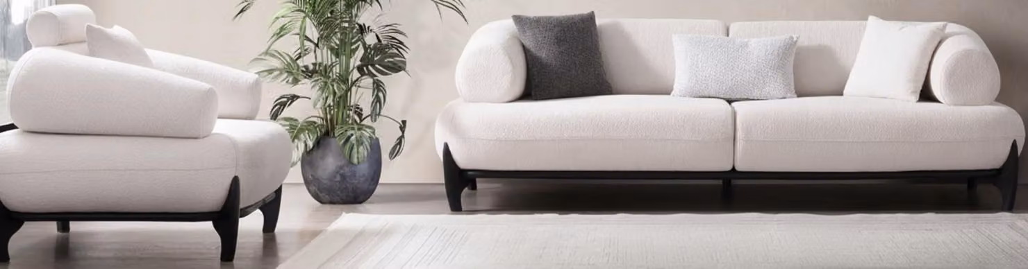 Weißes modernes Wohnzimmer-Set Stoff 3-Sitzer-Sofa weicher Sessel 2 tlg