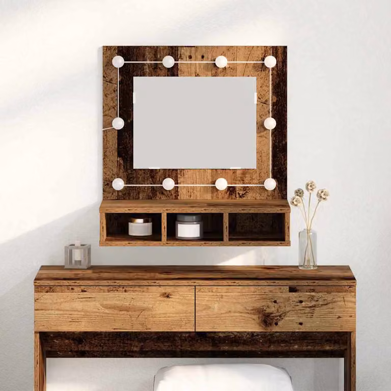 Mobiletto per specchio vidaXL in legno marrone con illuminazione LED e ante in vetro, L 60 cm, P 31,5 cm, H 62 cm