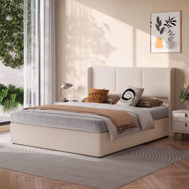 Letto imbottito 160x200 cm con contenitore, letto con sistema di sollevamento idraulico e spazio contenitivo, testiera imbottita con schienale, rete a doghe, letto matrimoniale rivestito in tessuto, colore beige