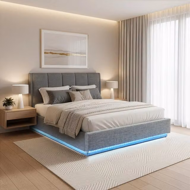 Letto Matrimoniale Contenitore Tröstiar con Apertura a Ribalta e Luce LED 160x200 cm - Effetto Lino Antracite [en.casa]