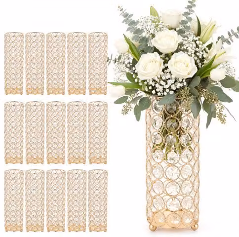 Set di Vasi Decorativi VEVOR Gold per Centrotavola da Matrimonio con Perline di Cristallo e Base Cilindrica, Altezza: 26 cm