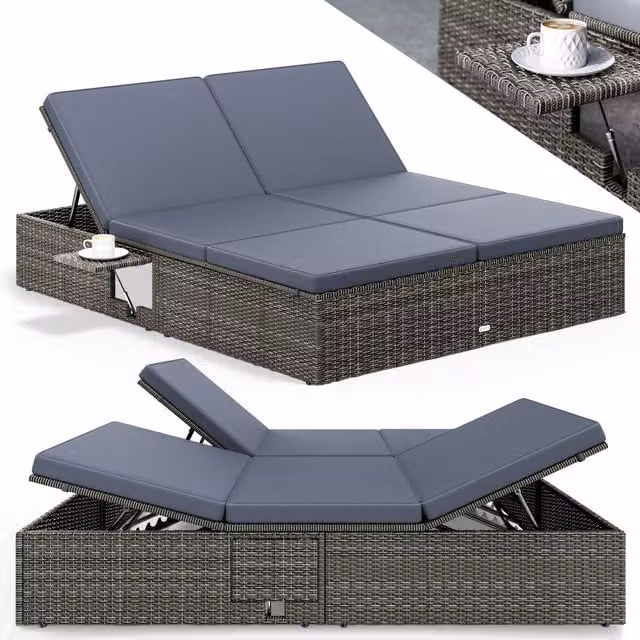 Lettino prendisole Casaria in polyrattan grigio antracite con poggiatesta regolabile e vassoio laterale L/P/H: 200 x 160 x 33 cm