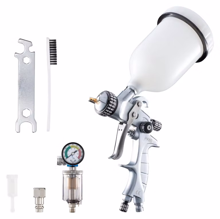 Pistola a spruzzo Benbow PK60, set da 10 pezzi, con separatore olio/acqua, ugello da 1,4+1,8 mm nel set, serbatoio da 600 ml, pressione 2 bar
