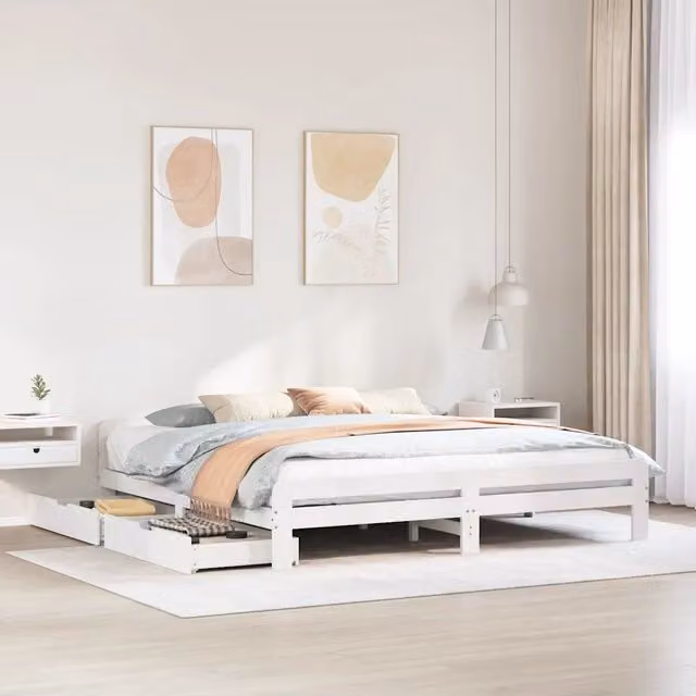 Letto matrimoniale vidaXL in legno massello di pino bianco con cassetti L/P/H: 180 x 200 x 151 cm