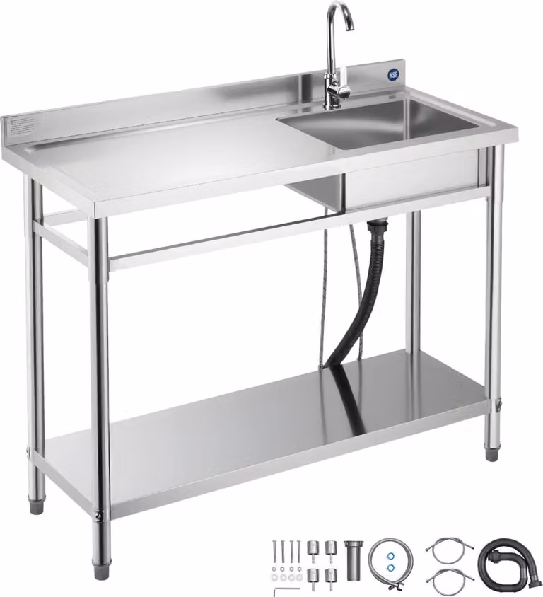 Lavello da cucina - Acciaio inox Vasca singola - 120 x 50 x 94 cm - Con rubinetto - Con ripiano - Piano di lavoro a sinistra - Indipendente - Per esterni