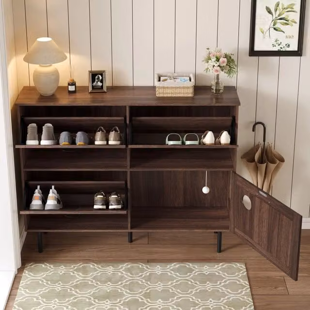 Armadietto porta scarpe Zephmum marrone con 3 ante e ripiani interni per ingresso o giocattoli L/P/H: 92 x 28 x 26,9 cm
