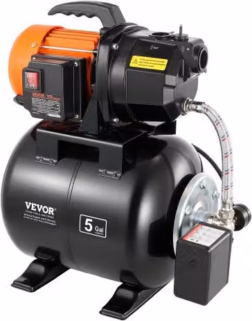 Pompa per pozzi poco profondi VEVOR da 735 W con serbatoio a pressione da 3785 LPH e filtro, sistema di aumento pressione per irrigazione di giardino, prato e orto, colore nero, prevalenza massima 45 m