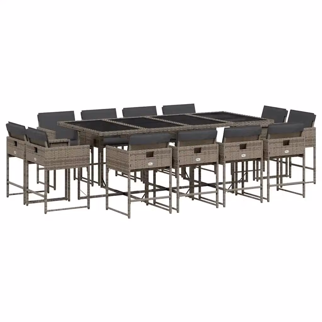 Set da Pranzo da Giardino vidaXL in Polyrattan Grigio con Cuscini e Tavolo in Vetro 13 Pezzi – 2