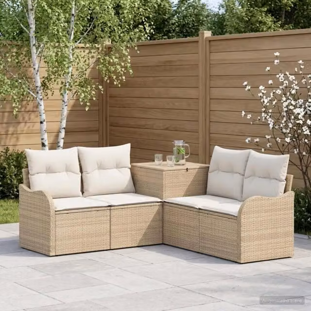 Set di divani da giardino a forma di L vidaXL in polyrattan beige e bianco con cuscini e pouf coordinato