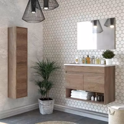Mobile bagno sospeso Inbagno serie Oasi in rovere con specchio e pensile L: 80 cm, P: 45 cm, H: 140 cm
