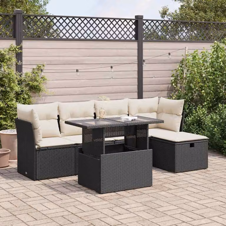 Set Divano da Giardino vidaXL 6 pz a forma di U con Cuscini e Tavolino, Colore Nero e Bianco
