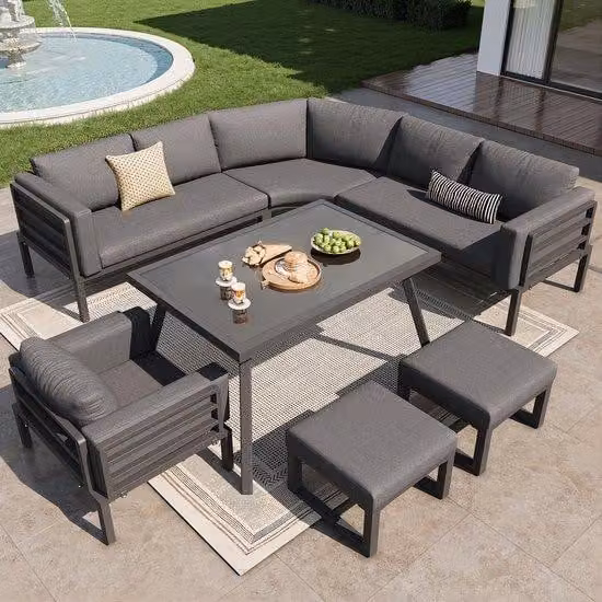 Set di sedie da giardino semicircolari per 8 persone / Robusta struttura in metallo con cuscini grigi / Completo di tavolo in vetro, 1 poltrona e 2 sedie / Mobili da giardino resistenti alle intemperie per il balcone