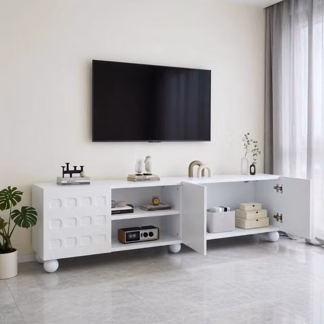 Cassettiera TV KOMHTOM bianca in stile minimalista per soggiorno, L: 200 cm, P: 40 cm, H: 44 cm