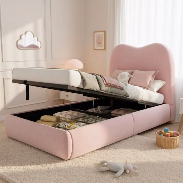 Letto imbottito singolo per bambini 90x200 cm in velluto con sollevamento idraulico, rete a doghe, testiera imbottita e grande contenitore - Rosa