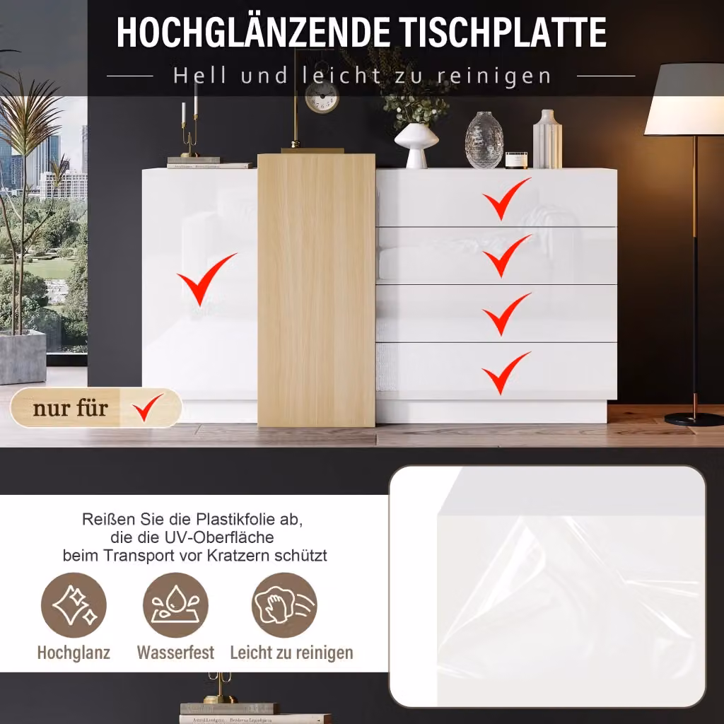 Madia REDOM Bianca lucida in MDF con 4 cassetti soft close e 2 ante L: 140 cm, P: 35 cm, H: 76,5 cm – 2