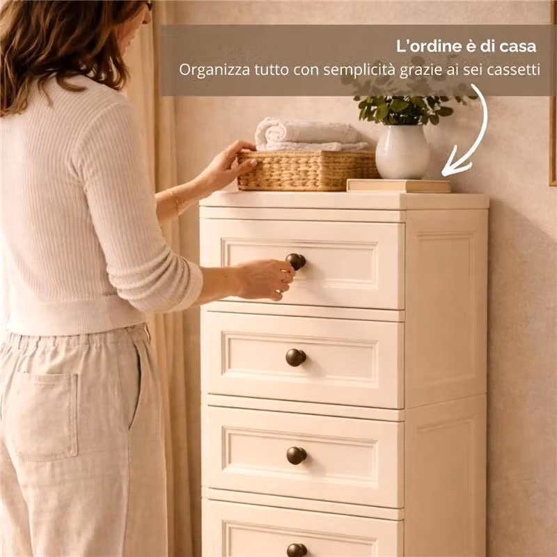 Cassettiera alta Tontarelli con 6 cassetti piccoli, colore bianco, effetto bugnato per camera, ingresso o zona living, L: 40 cm, P: 43 cm, H: 125 cm – 2
