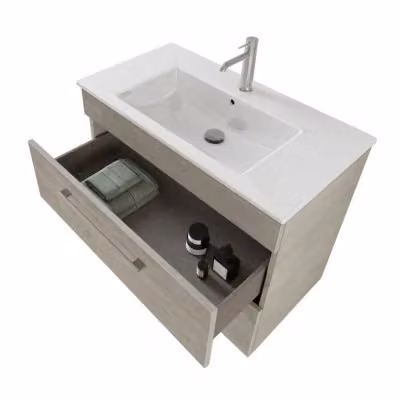 Mobile bagno sospeso INBAGNO Smart grigio legno con lavabo e specchio con illuminazione LED L: 80 cm, P: 48 cm, H: 62 cm – 2