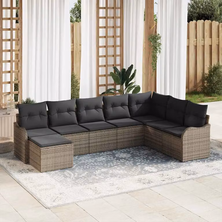 Set Divano da Giardino a L vidaXL 8 pz Grigio in Polyrattan con Cuscini e Ottoman