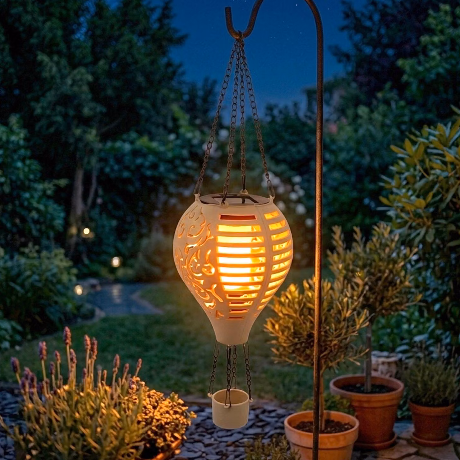 Mongolfiera solare beige da appendere con effetto fiamme - 38 cm - Gioco di luci da giardino a LED con effetto tremolante