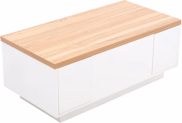 Tavolino da caffè moderno con doppio meccanismo sollevamento e spazio nascosto, bianco e legno, 100x50x55,5 cm