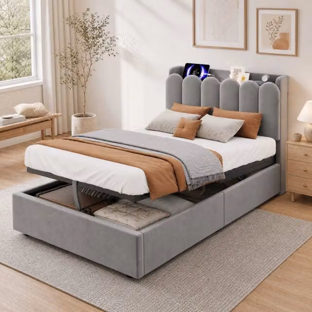 Letto per bambini 90x200 cm con contenitore idraulico, USB e Type-C in velluto grigio