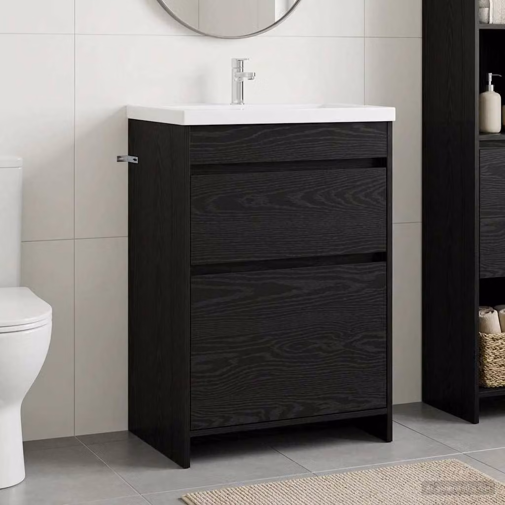 Mobiletto da Bagno Sotto Lavabo Moderno vidaXL Nero con Cassetti e Ante L/P/H: 56 x 37,5 x 81 cm