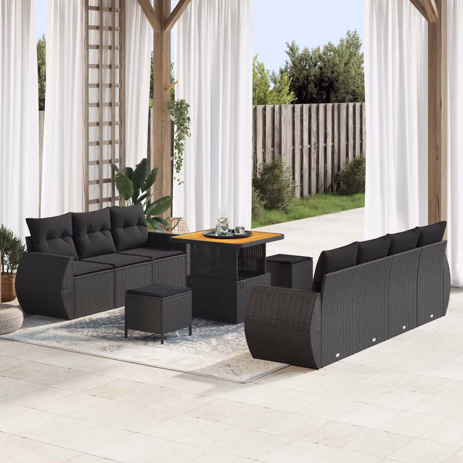 Set Divano da Giardino a L vidaXL in Polyrattan Nero con Cuscini e Tavolino da Esterno – 1