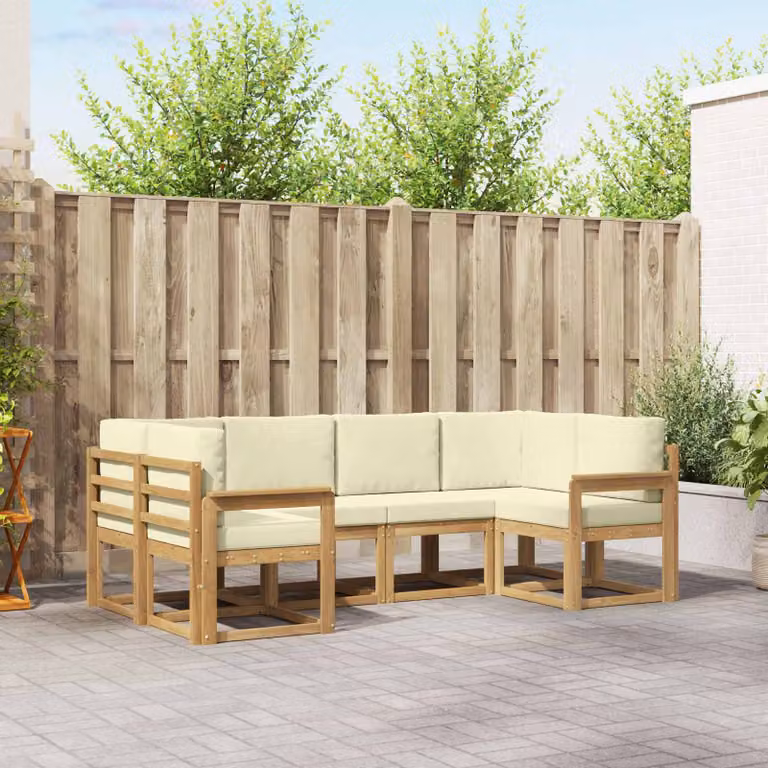 Set di divani da esterno vidaXL a forma di L composto da 6 pezzi in legno di acacia con cuscini bianchi e beige