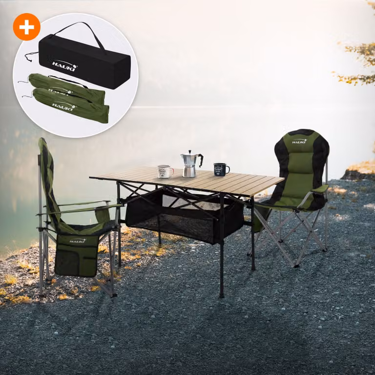 Set di mobili da campeggio Hauki 3 pezzi, tavolo pieghevole beige con 2 sedie da campeggio kaki, inclusa borsa di trasporto