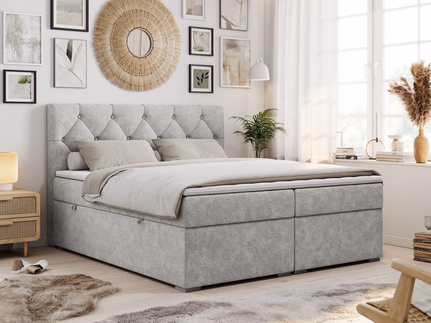 Boxspring con testiera trapuntata ALDA - 200x200 cm - Materassi multipocket H4 | Grigio chiaro Tessuto strutturato - Topper T25