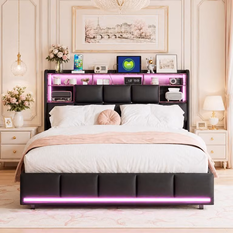 Letto imbottito INONEFT 140x190 cm con LED, prese USB e prese di corrente, letto a molle con contenitore integrato nella testiera, letto matrimoniale con cassettone e rete a doghe, rivestito in ecopelle nera