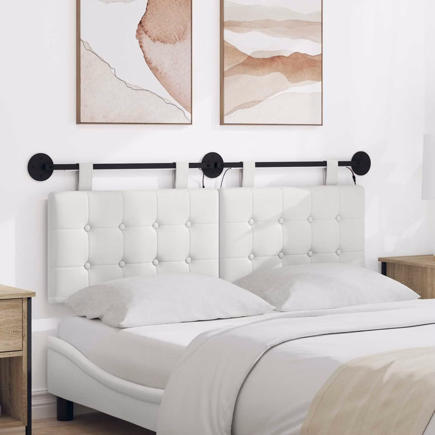 Testiera per letto sospesa vidaXL con luce LED integrata in similpelle bianca
