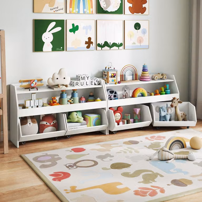 Costway Scaffale porta giochi in legno con 2 ripiani aperti e 2 cassetti a rotelle per bambini, Organizzatore Bianco per cameretta e soggiorno
