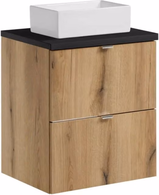 Set VANO finitura quercia e nero 50cm: mobile sottolavabo con cassetti + piano per lavabo + lavabi rettangolari da appoggio