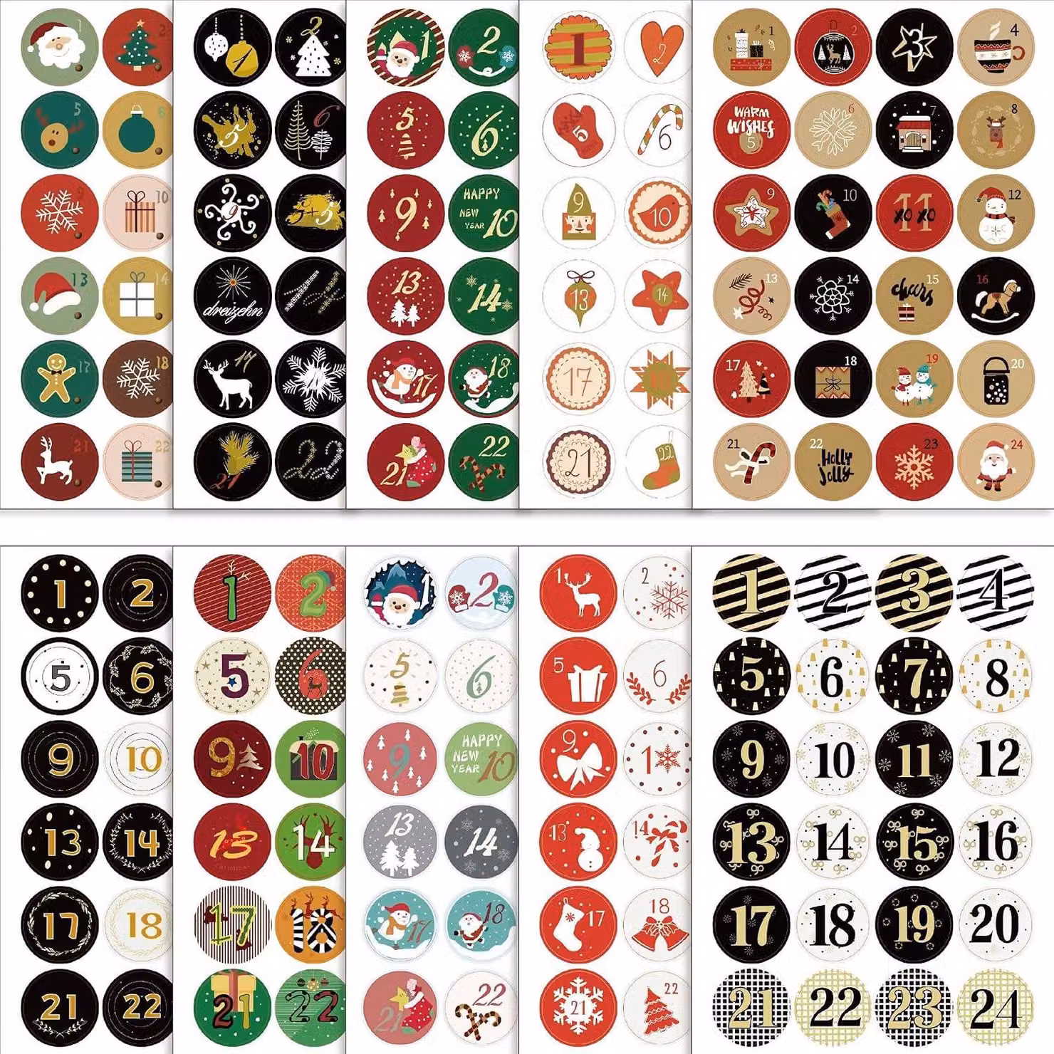 Calendario dell'Avvento con numeri - Adesivi. Calendario dell'Avvento natalizio - 10 fogli di adesivi natalizi. Calendario dell'Avvento di Natale con numeri