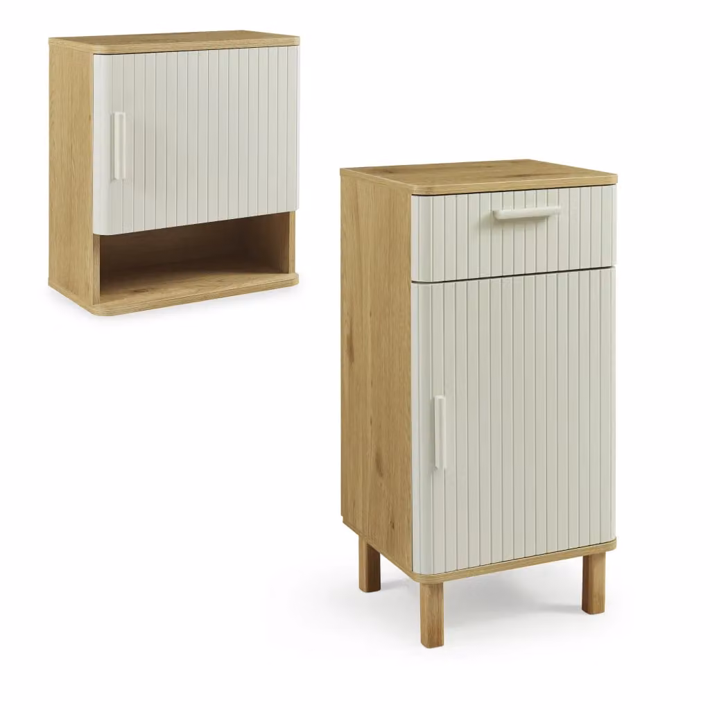 Set da 2 pezzi per bagno en.casa Ferrersp composto da mobile da terra e pensile da parete in finitura beige effetto rovere/avena oatmeal – 2