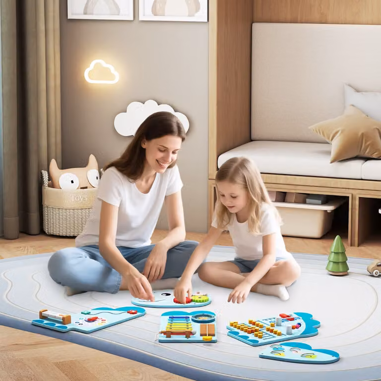 Pannelli da parete educativi Costway in legno con attività a tema dinosauro, Blu