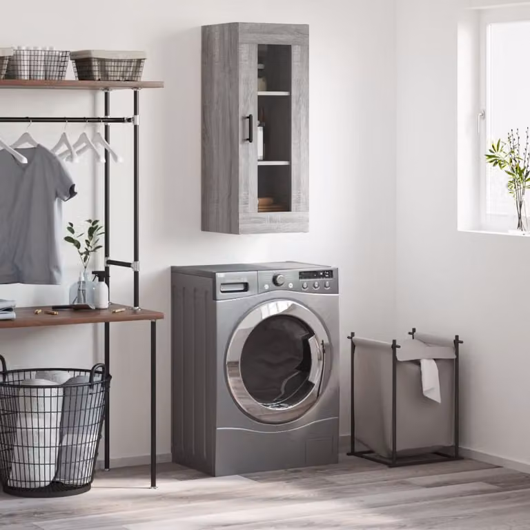 Mobile a parete vidaXL moderno in legno e vetro con ante in vetro, Grigio, L: 34,5 cm, P: 34 cm, H: 90 cm
