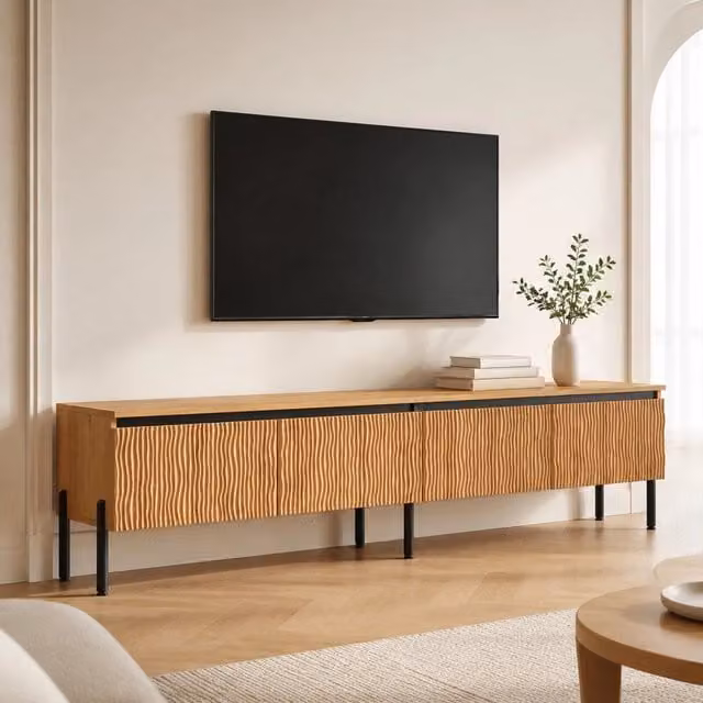 Mobile TV Mivray moderno con 4 ante ondulate, 2 vani chiusi e passacavi, finitura opaca beige o marrone, L/P/H: 180 x 35 x 43 cm