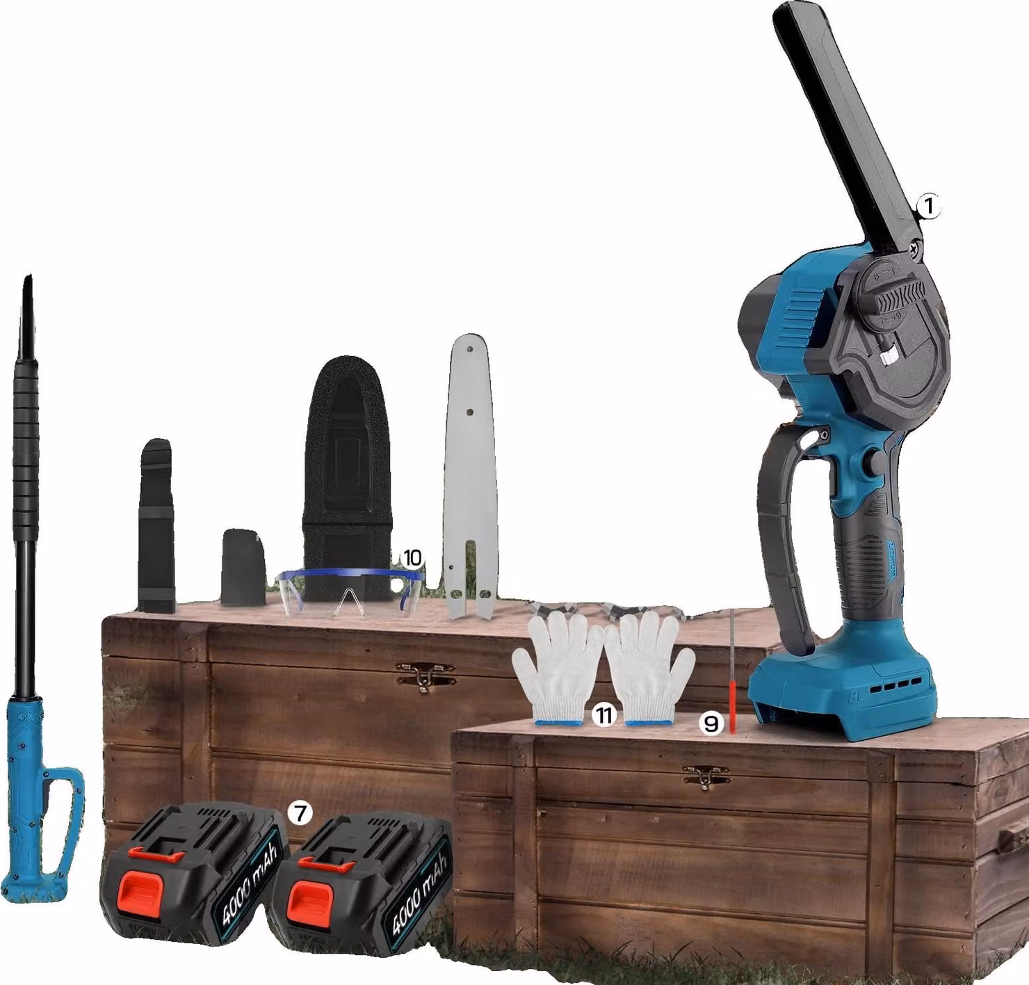 Motosega elettrica, tagliapali telescopico, motore ad alte prestazioni, blu