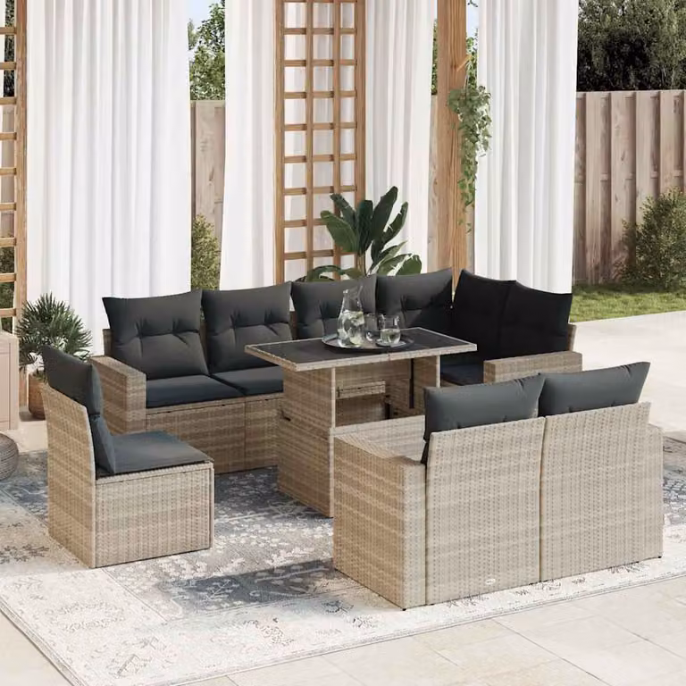 Set Divano da Giardino vidaXL 9 Pezzi a Forma di U con Cuscini Grigio Chiaro e Tavolino in Polyrattan e Metallo