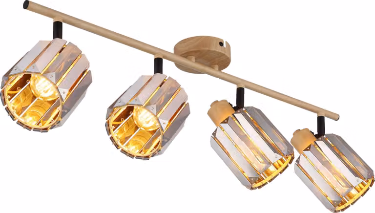 Plafoniera, 4 lampadine, cristallo, fumo, effetto legno, L 64 cm
