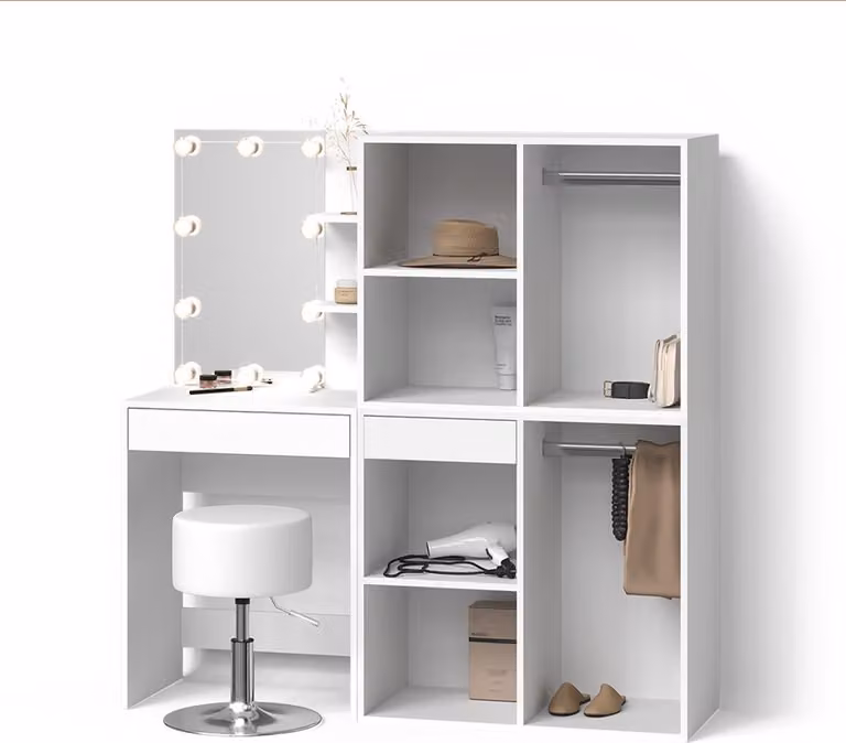Tavolo da toeletta Livinity Nola Bianco con specchio, catena luminosa LED, sgabello e 2 mobili aggiuntivi, Model 52353