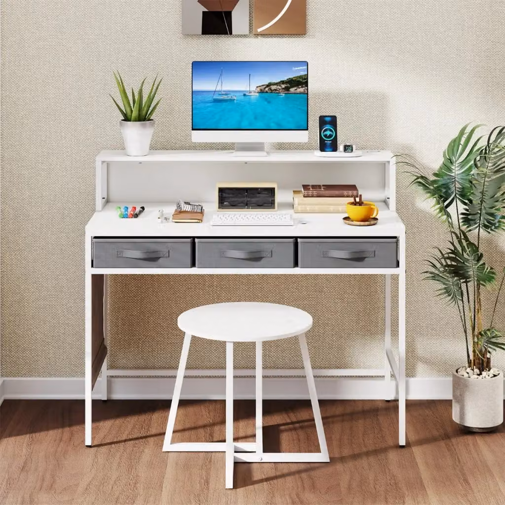 Scrivania moderna rettangolare bianca con struttura in metallo e piano in MDF laminato per ufficio o camera da letto L: 110 cm, P: 50 cm, H: 76,7 cm – 2