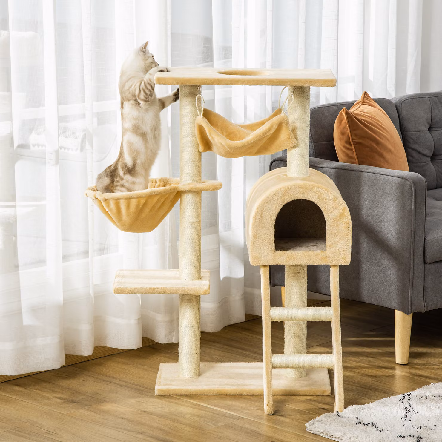 Albero Tiragraffi per Gatti Aosom con Amaca e Casetta, Beige, Altezza: 98 cm – 2
