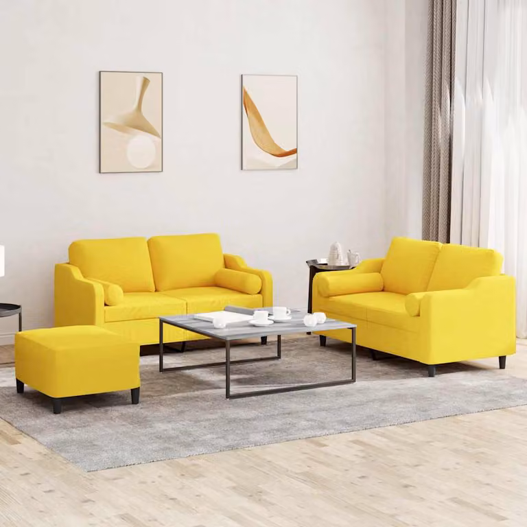 Set di divani 3 pezzi vidaXL in tessuto giallo con cuscini per soggiorno moderno