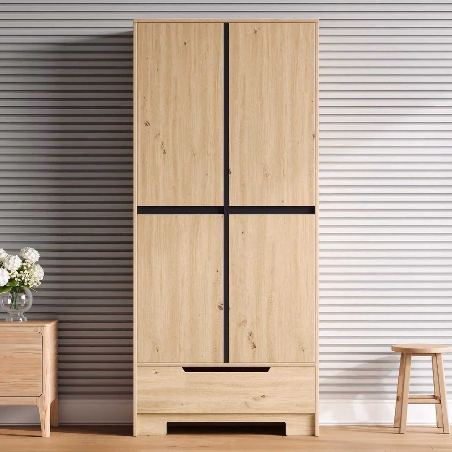Armadio da cucina Flieks con cassetto e ante, dispensa con ripiani, mobile alto con vani a giorno e spazio contenitivo, dimensioni 80x35x180 cm, finitura naturale, materiale: MDF e pannello di fibra a media densità