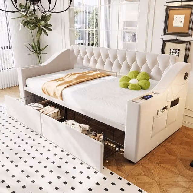 Divano letto imbottito 90x190 cm in velluto beige con cassetti contenitore e porte USB