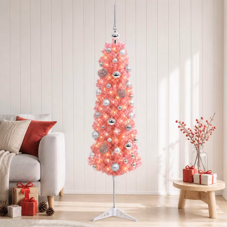 Albero di Natale artificiale, sottile, con decorazioni a forma di pallina, altezza 120 cm