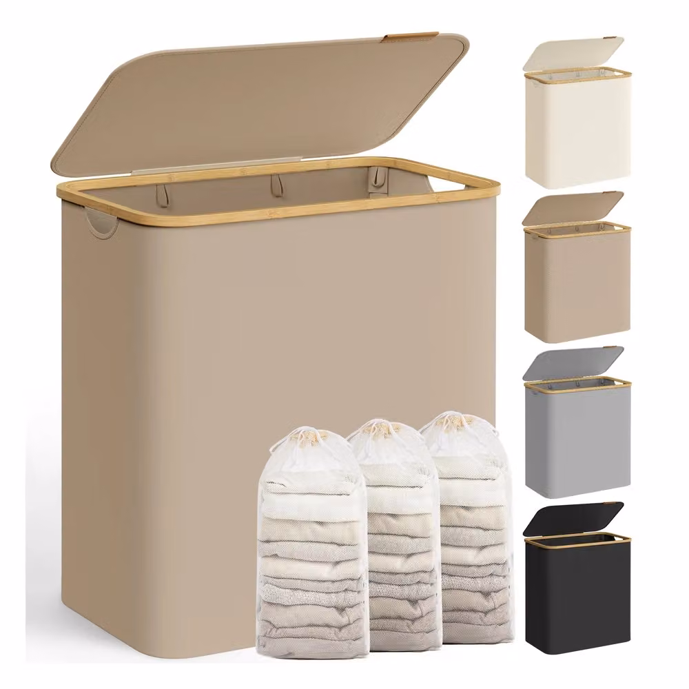 Cesto Portabiancheria con Coperchio, Marrone Cammello / 150L (3 Scomparti)